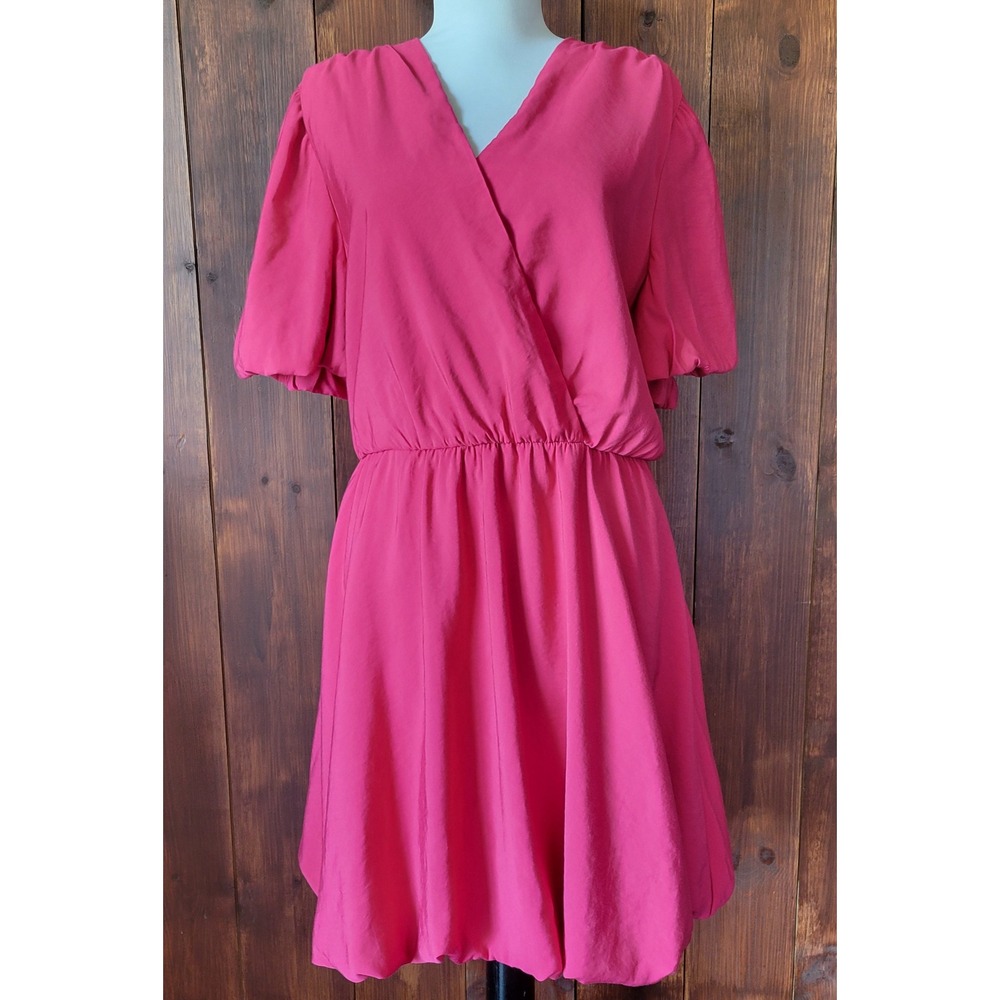 PrettyGarden Fuchsia Pink Faux Wrap Mini Dress Women's L Puff Sleeve Bubble Hem